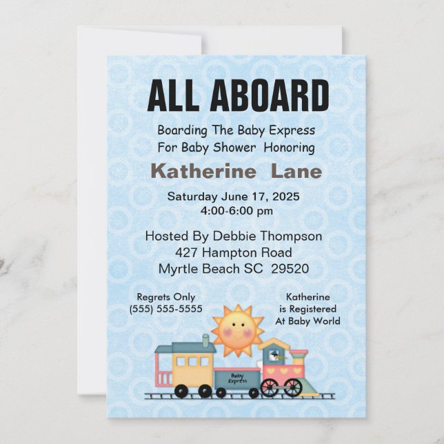 Blue Stork Train Baby Shower  Invitation (Front)
