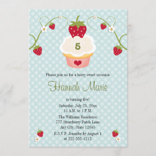 Blue Strawberry Cupcake Birthday Photo Invitation