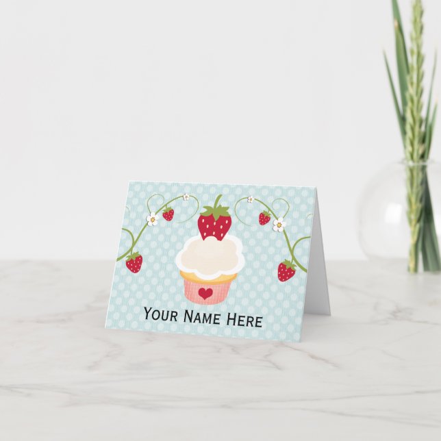Blue Strawberry Cupcake Thank You Cards Notes (Front)