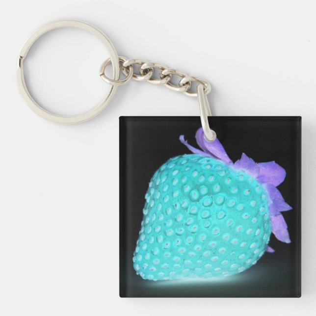 Blue strawberry neon look on black cute berry keychain (Front)