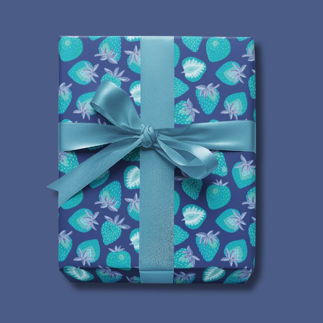 Blue Strawberry pattern Wrapping Paper Sheet (Cute blue strawberry summer fruit wrapping paper, ideal for birthdays gift wrap.)