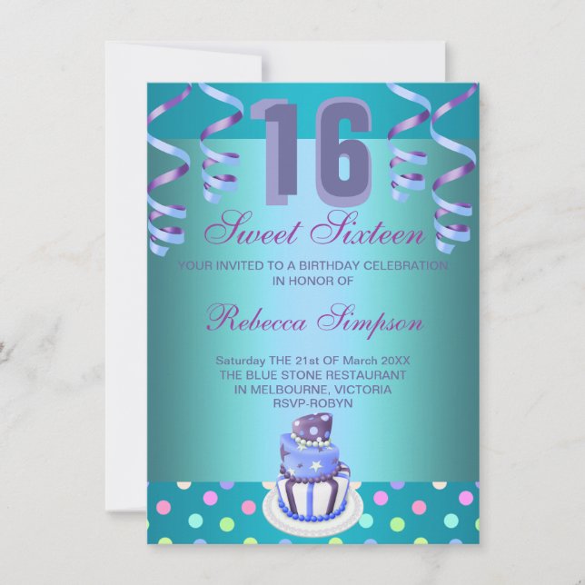 Blue Streamers & Cake Sweet 16 Birthday Invite (Front)