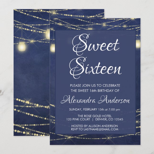 Blue String Light Mason Jar Sweet 16 Birthday Invitation (Front/Back)