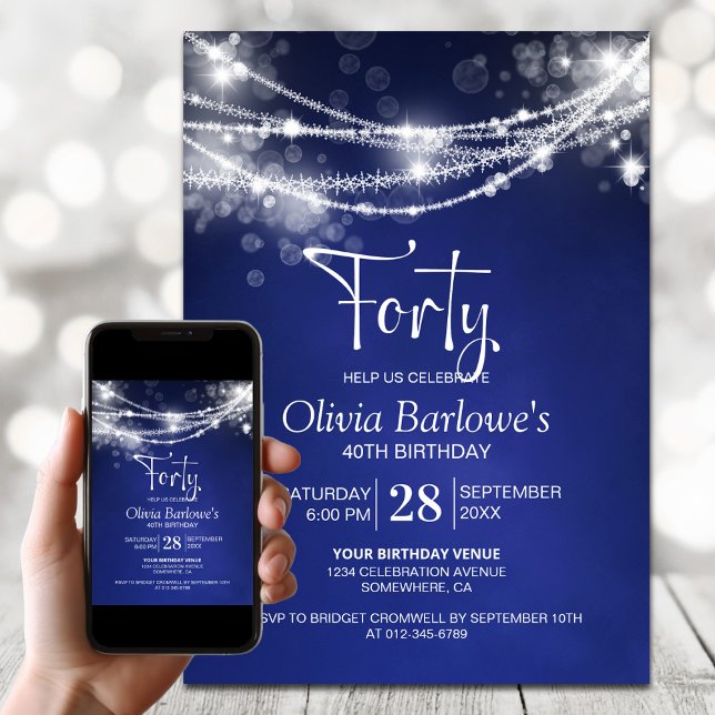 Blue String Lights 40th Birthday Party Invitation (Creator Uploaded)