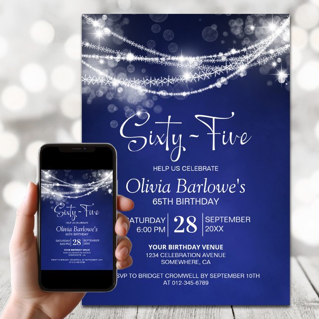 Blue String Lights 65th Birthday Party Invitation (Creator Uploaded)