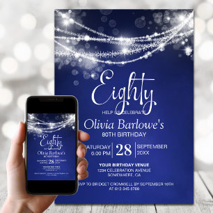 Blue String Lights 80th Birthday Party Invitation