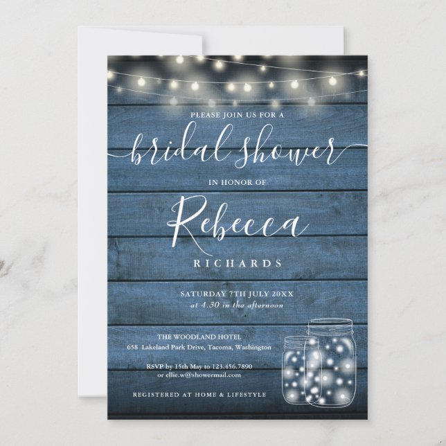 Blue String Lights Mason Jars Script Bridal Shower Invitation (Front)