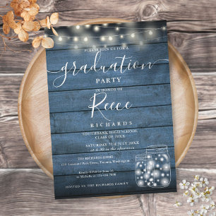 Blue String Lights Mason Jars Script Graduation Invitation
