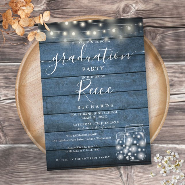 Blue String Lights Mason Jars Script Graduation Invitation (Creator Uploaded)