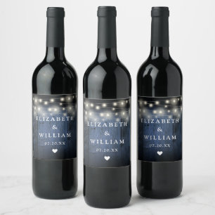 Blue String Lights Rustic Wood Boho Barn Wedding Wine Label