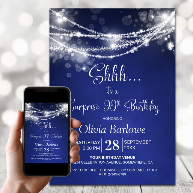 Blue String Lights Surprise 90th Birthday Party Invitation (Creator Uploaded)