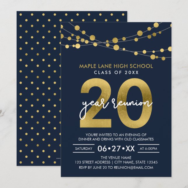 Blue Strings of Lights 20 Year Class Reunion Invitation (Front/Back)