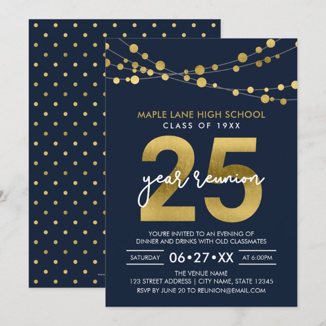 Blue Strings of Lights 25 Year Class Reunion Invitation (Front/Back)