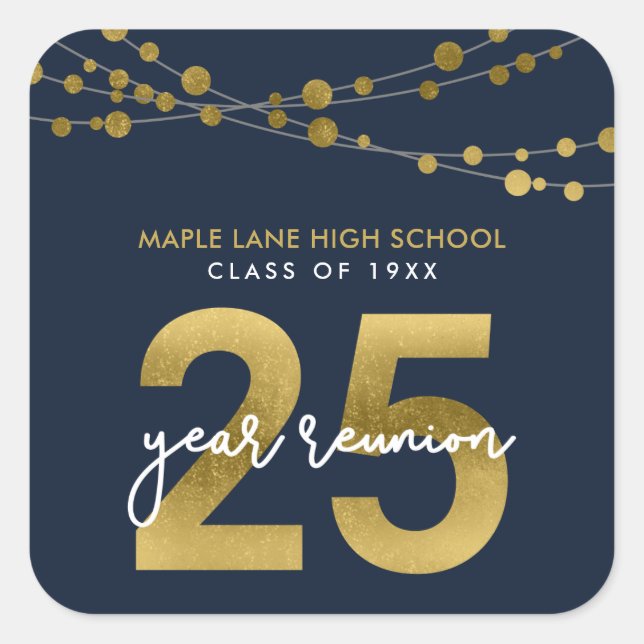 Blue Strings of Lights 25 Year Class Reunion Square Sticker (Front)
