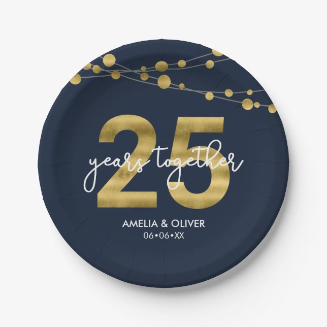 Blue Strings of Lights 25th Anniversary Party Paper Plate (Front)