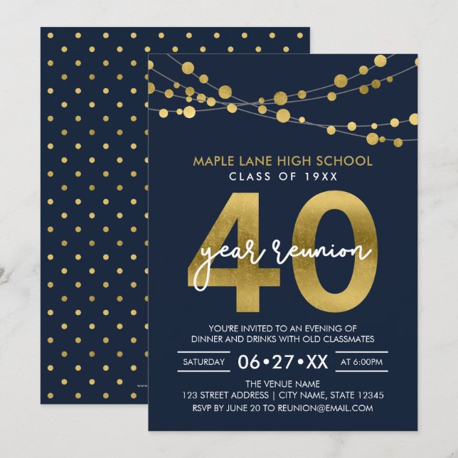 Blue Strings of Lights 40 Year Class Reunion Invitation (Front/Back)