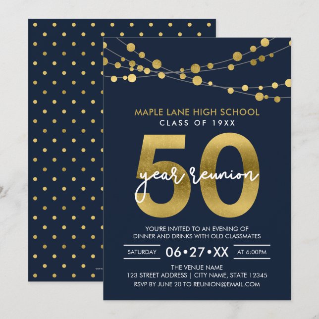 Blue Strings of Lights 50 Year Class Reunion Invitation (Front/Back)