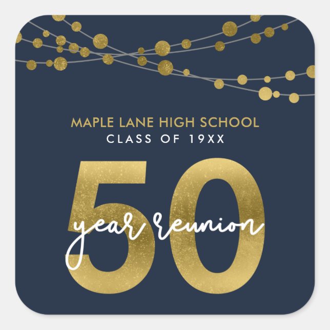 Blue Strings of Lights 50 Year Class Reunion Square Sticker (Front)