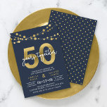 Blue Strings of Lights 50th Wedding Anniversary Invitation<br><div class="desc">Elegant 50th Anniversary invitation featuring strings of lights and "50" in faux gold with "years together" in white against a dark blue background. Card includes a matching pattern back side. Check out matching items like stickers and stamps here https://www.zazzle.com/collections/strings_of_lights_faux_gold_celebration_collection-119311942951401241?rf=238364477188679314 Personalize it by replacing the placeholder text to add your information....</div>