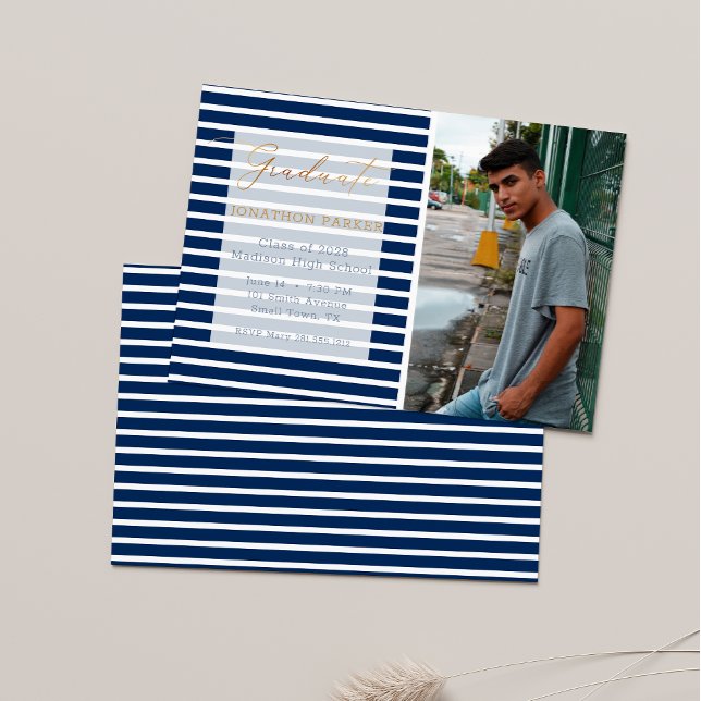 Blue Stripe Add Your Own Photo Graduation Announcement (Creator Uploaded)