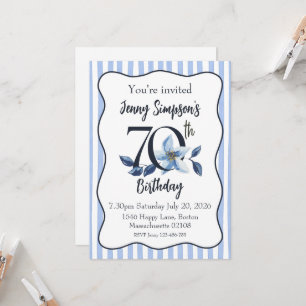 Blue stripe and floral 70th birthday invitation