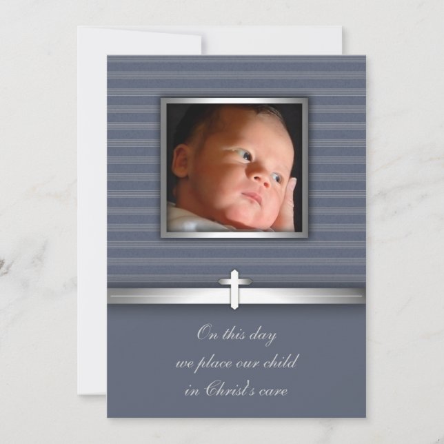 Blue Stripe Baby Boy Photo Christening Invitation (Front)