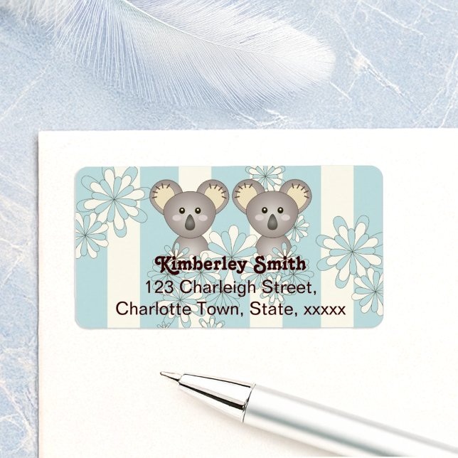 Blue Stripe Baby Koala Twin Kids Return Address Label (Creator Uploaded)
