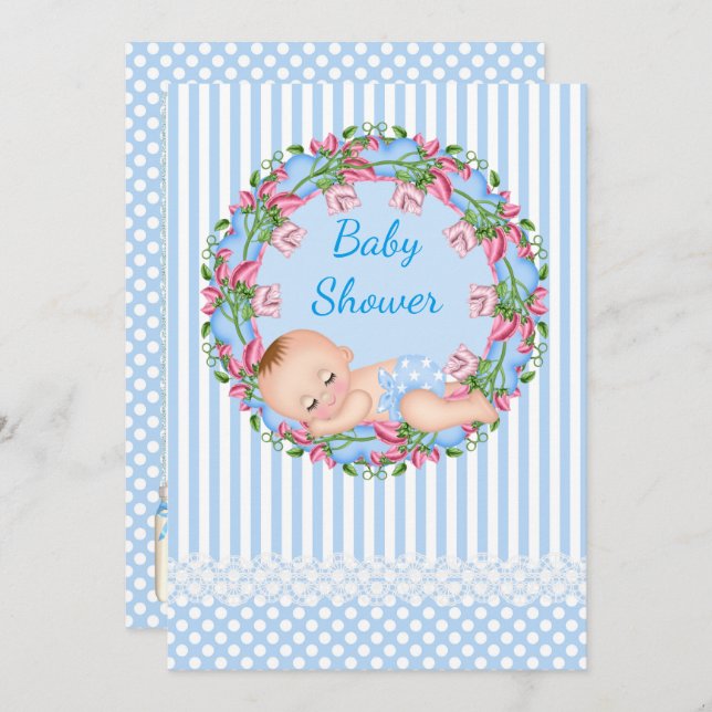 Blue Stripe Baby Shower Invitation with Sleeping (Front/Back)