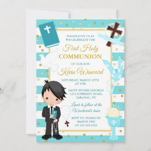 Blue Stripe Black Hair Boy First Holy Communion Invitation