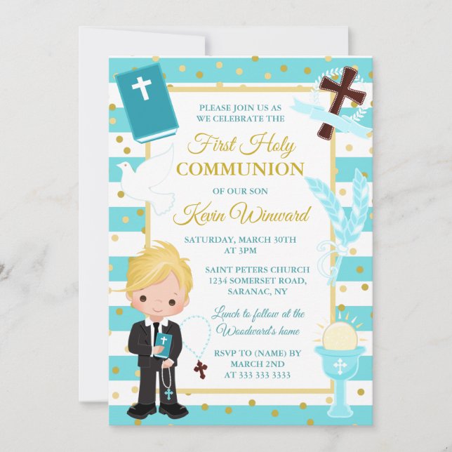 Blue Stripe Blonde Boy First Holy Communion Invitation (Front)