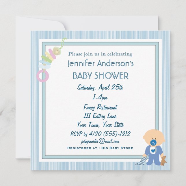 Blue Stripe Boy Baby Shower Invitations (Front)