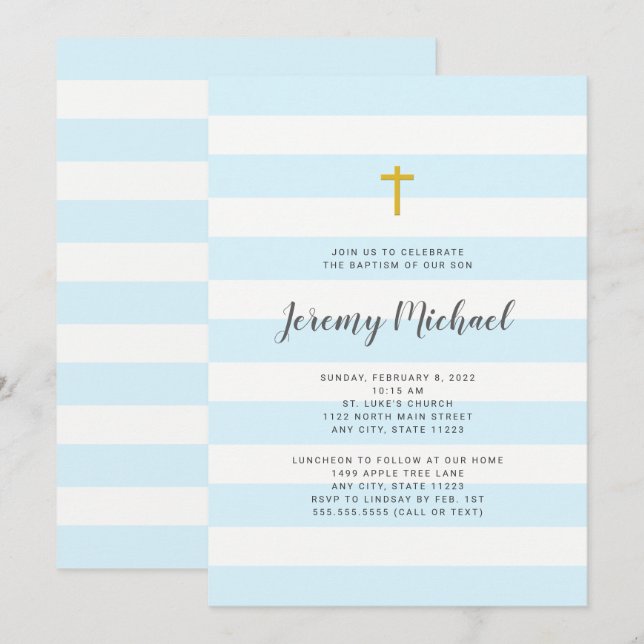 Blue Stripe Boy Baptism or First Communion invite (Front/Back)