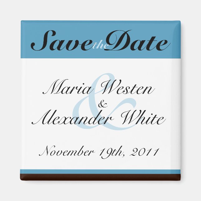 Blue Stripe Chocolate Brown Save the Date Magnet (Front)