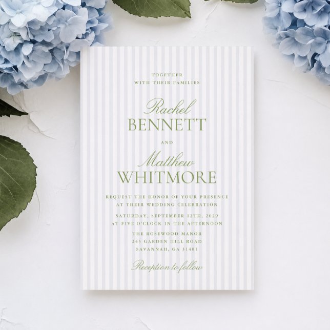 Blue Stripe Citrus Green Elegant Script Wedding  Invitation (Creator Uploaded)