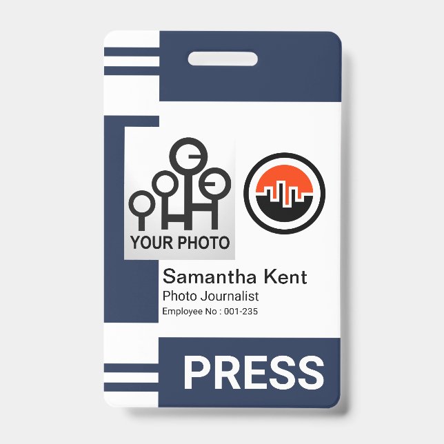 Blue Stripe Columns Photo Frame Template Press ID Badge (Front)