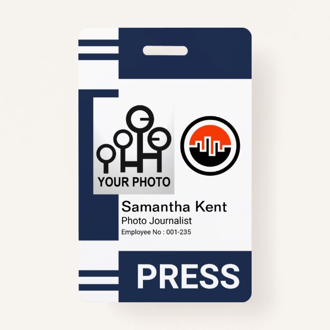 Blue Stripe Columns Photo Frame Template Press ID Badge (Front)