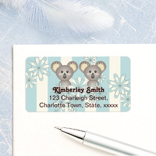 Blue Stripe Cute Baby Twin Koalas Return Address Label