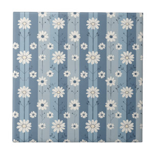 Blue Stripe Daisy Vintage Floral Pattern Tile