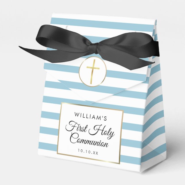 Blue Stripe Elegant Gold First Holy Communion Favor Box (Front Side)