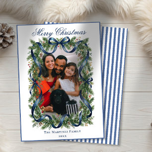 Blue Stripe Fir Wreath Garland Bow Photo Christmas Holiday Card