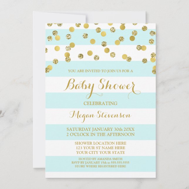 Blue Stripe Gold Confetti Baby Shower Invitation (Back)
