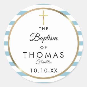 Blue Stripe Gold Cross Baptism Christening Classic Round Sticker