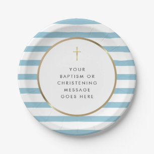 Blue Stripe Gold Cross Baptism Christening Message Paper Plate