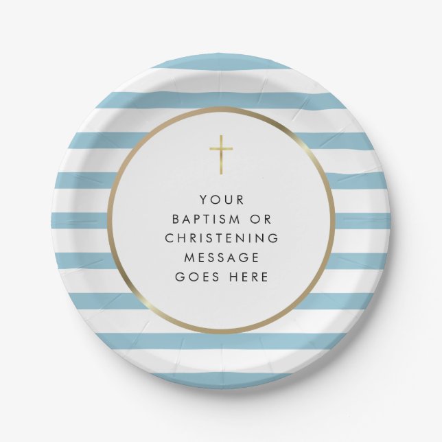 Blue Stripe Gold Cross Baptism Christening Message Paper Plate (Front)