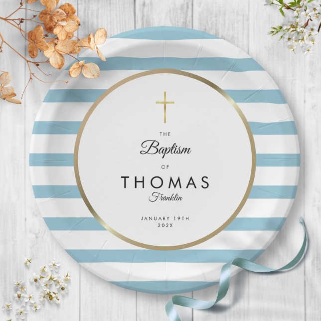 Blue Stripe Gold Cross Baptism Christening Paper Plate (Blue Stripe Gold Cross Baptism Christening Paper Plates)
