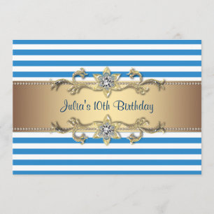 Blue Stripe Gold Flowers 10th Birthday Invitation