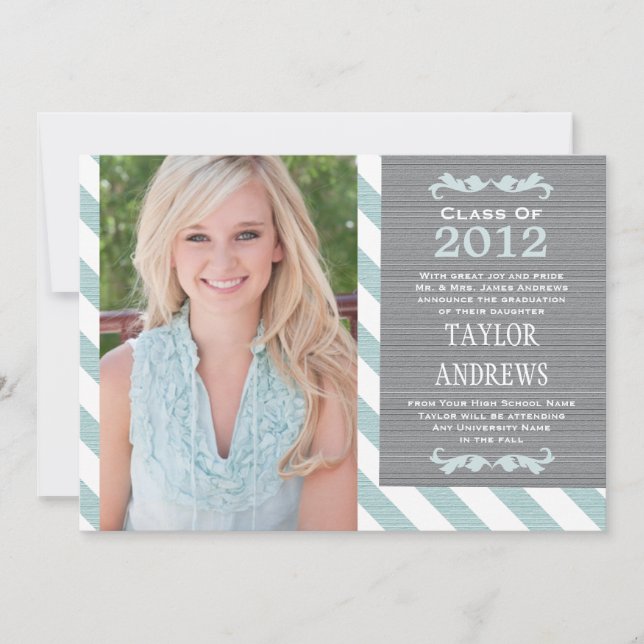 Blue Stripe Graduation Photo Announcement Invite (Front)