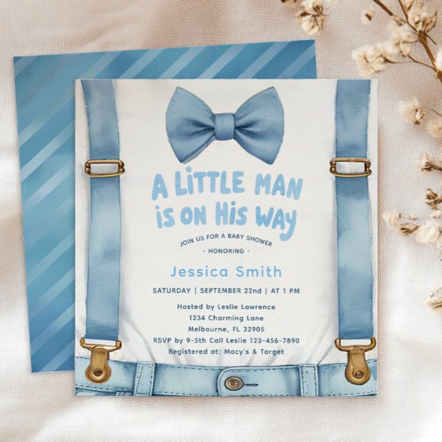Blue Stripe Little Man Baby Shower Invitation (Adorable Little Man Invite)