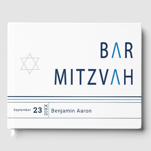Blue Stripe Modern Bar Mitzvah Guest Book (Front)