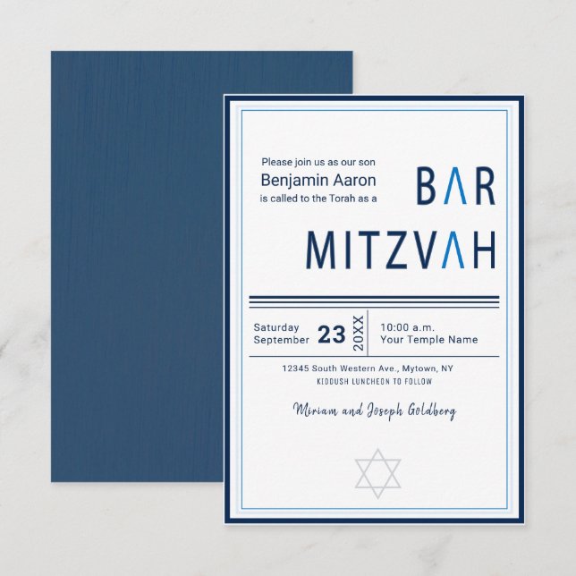 Blue Stripe Modern Bar Mitzvah Invitation (Front/Back)